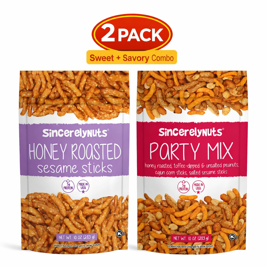 Sincerely Nuts Sweet & Savory Snack Bundle – Honey Roasted Sesame Sticks + Gourmet Party Mix (2 Pack, 10oz Each) – Kosher Certified