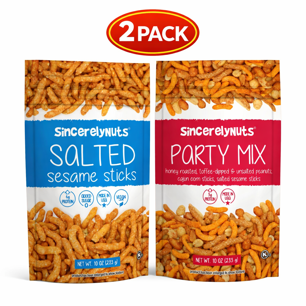 Sincerely Nuts Savory Snack Bundle – Salted Sesame Sticks + Gourmet Party Mix (2 Pack, 20oz Total) – Kosher Certified