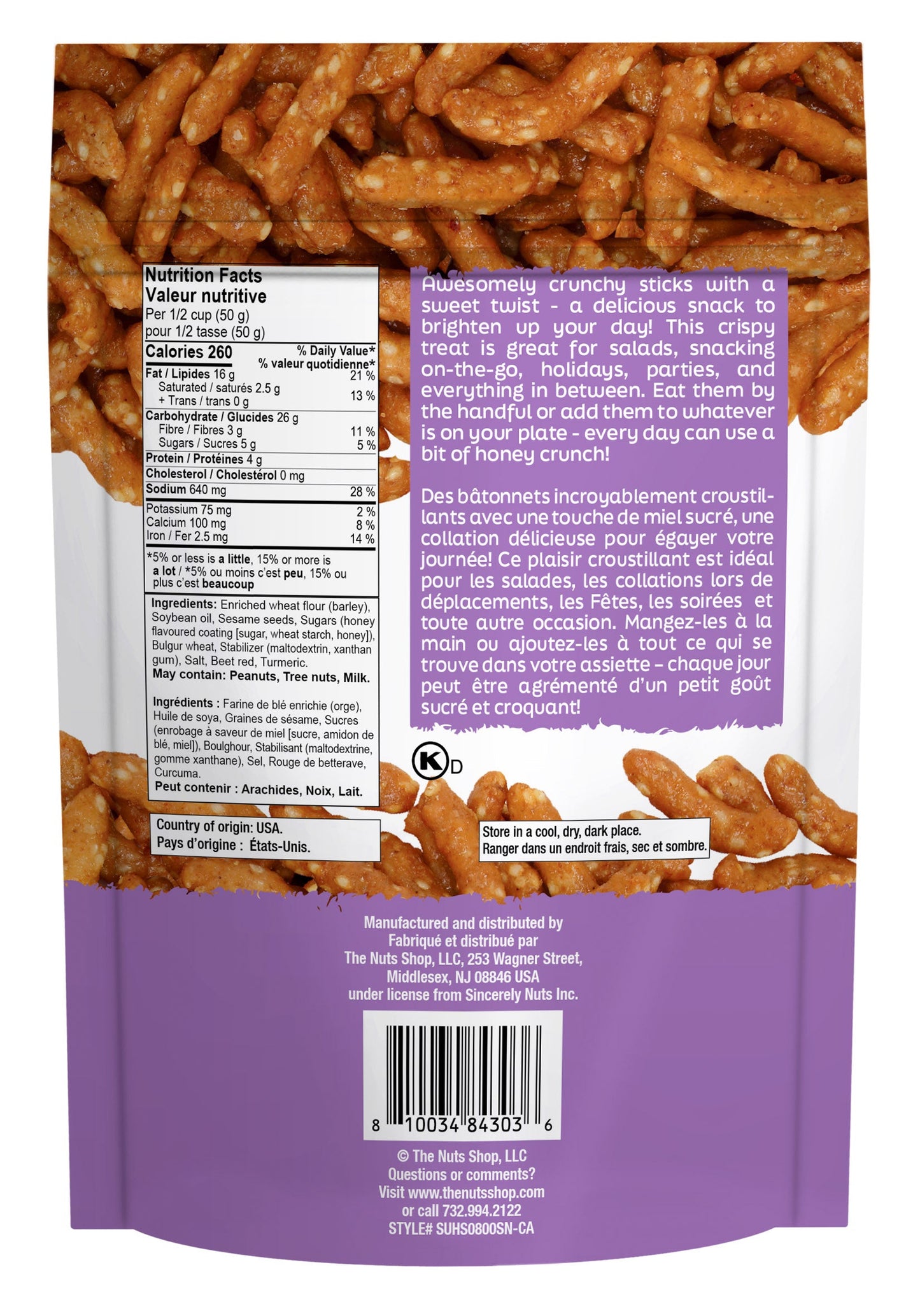 Sincerely Nuts Honey Roasted Sesame Sticks  Snacks, 10oz - Kosher Certified