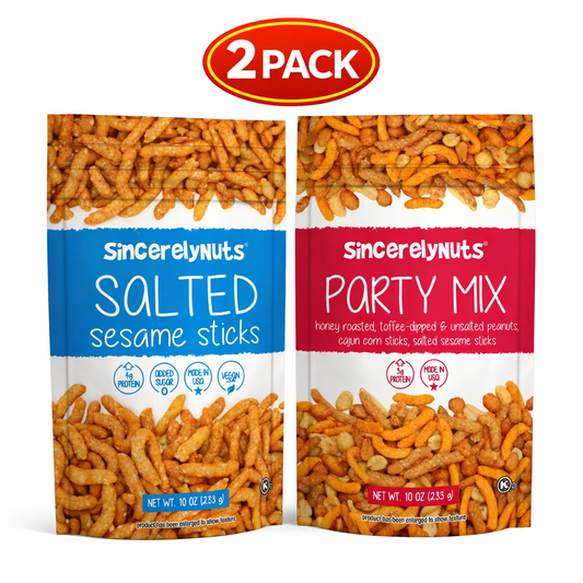Sincerely Nuts Savory Snack Bundle – Salted Sesame Sticks + Gourmet Party Mix (2 Pack, 20oz Total) – Kosher Certified